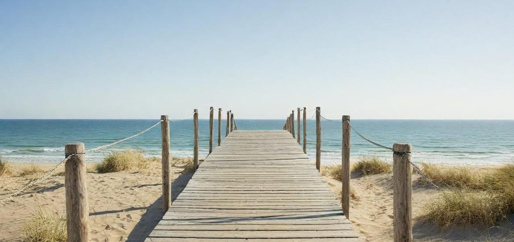Freiheit Holzsteg führt über sandigen Strand zum ruhigen Meer unter klarem Himmel.